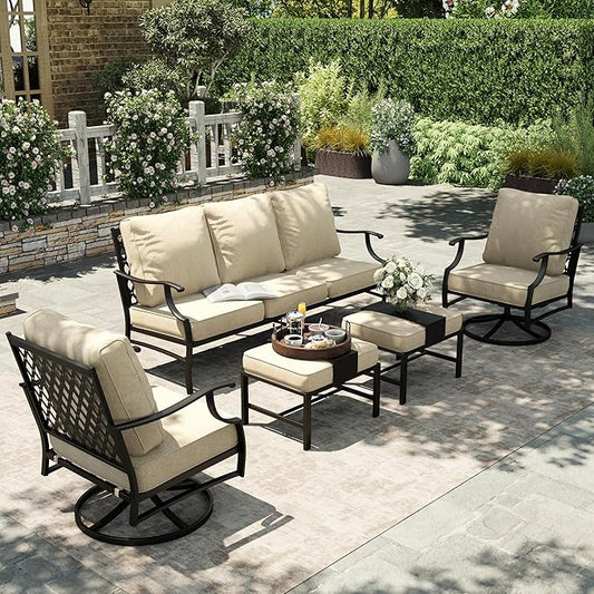 HERA'S HOUSE 5 Piece Patio Furniture Set, 2 x Swivel Chair, 2 x Ottoman, 1 x 3-Seat Sofa, All Cushioned 7 Seats Outdoor Conversation Set for Lawn Garden Backyard