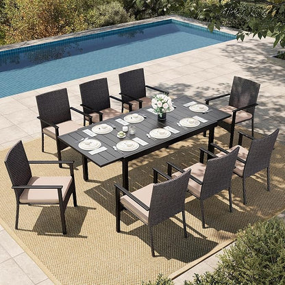 HERA'S HOUSE 9 Pieces Patio Dining Sets for 8, Outdoor PE Rattan Chairs and Extendable Metal Dining Table with 1.57" Umbrella Hole, Modern Outdoor Dining Table Set for Deck, Balcony, Backyard, Garden