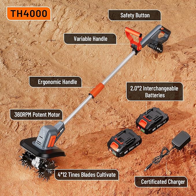 Cordless Tiller for Gardening 360 RPM Rototiller TH4000 Cultivator TaskStar Electric Garden Tiller Battery Powered Total 4000mAh,48 Heavy-Duty Steel Tines for Smooth Ground