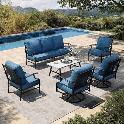 HERA'S HOUSE 6 Piece Patio Furniture Set, 2 x Swivel Chair, 2 x Fixed Chair, 1 x 3-Seat Sofa with Marbling Coffee Table, 7 Seats Outdoor Conversation Set for Lawn Garden Backyard, Pacific Blue