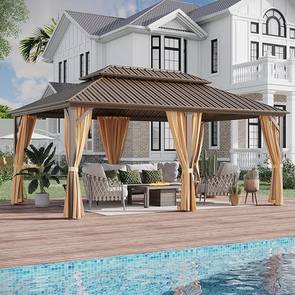 12x18 ft Hardtop Gazebo Outdoor Aluminum Patio Gazebo Double Roof Galvanized Steel Canopy with Netting and Curtains for Garden, Backyard, Deck and Lawns.