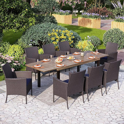 PHI VILLA 9 Piece Outdoor Dining Set for 8, Expandable Wood-Like Metal Dining Table & Wicker Chairs with Cushions, Large Dining Furniture for Patio, Deck, Backyard, Porch