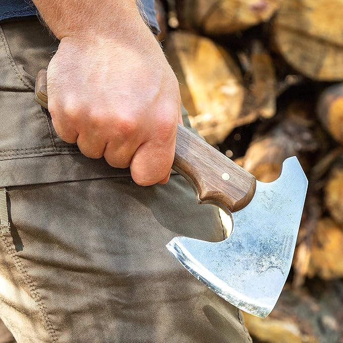 BPS Knives Bushcraft Axe with Leather Sheath - Full Tang Camping Axe - Survival Carbon Steel Hatchet - Small Wood Carving Axe - Camping Axe for Chopping Wood and Gardening
