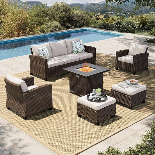 HERA'S HOUSE Wicker Patio Furniture Set, Outdoor Furniture with Fire Pit Table, 6 Pieces Patio Conversation Set with Ottomans, Outside Sofa Sets for Poolside Backyard, Beige