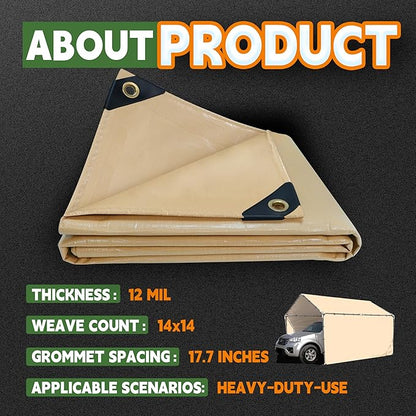 RAINDEWAY 12x12 Feet Heavy Duty Tarp,12 Mil Tan Waterproof Poly Tarp Cover,UV Resistant,Weatherproof,Durable,Multipurpose Tarps with Grommets and Reinforced Edges