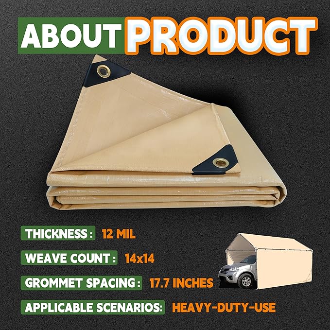 RAINDEWAY 7x20 Feet Heavy Duty Tarp,12 Mil Tan Waterproof Poly Tarp Cover,UV Resistant,Weatherproof,Durable,Multipurpose Tarps with Grommets and Reinforced Edges