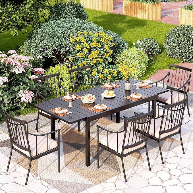 PHI VILLA Outdoor Metal Dining Chairs with Cushion, 300lbs Black Heavy Duty Weatherproof Chairs for Patio, Deck, Yard - Set of 4