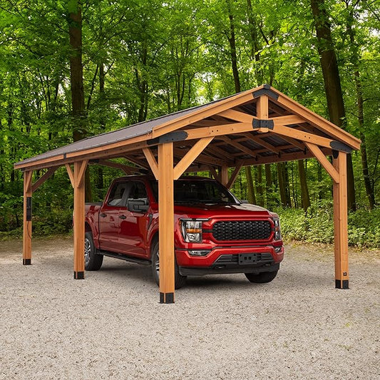 Backyard Discovery Norwood 24' x 12' Cedar Wood Outdoor Gazebo Pavilion with Hardtop Galvanized Steel Peak Roof, Snow Support, Wind Resistance, PowerPort, Shade for Garden, Patio, Deck, Entertaining