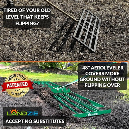 Landzie AeroLeveler - The Lawn Leveling Rake That Never Flips - Patented 48" inch Wide Pneumatic Lawn Level for Yard, Dirt, Soil, Sand, Provides Stability and Control (Pneumatic 48" Leveling rake)