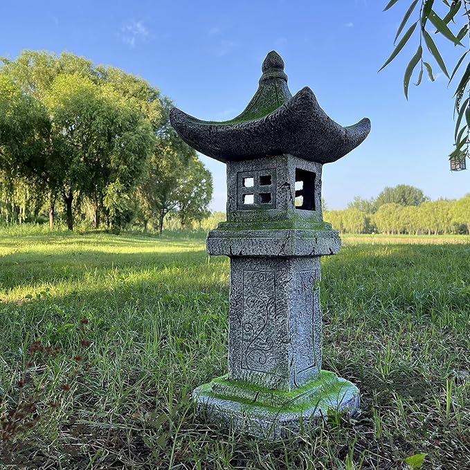 Japanese Pagoda Statue Solar-Powered LED Light Moss-Covered Retro Miniature Tower Lantern Garden Decoration Figurines Solar Lamp Outdoor Asian Decoration Zen Courtyard Landscape 31.5’’High