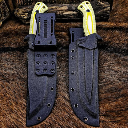BA-KOR 12.4in Full Tang Fixed Blade Hunting Knife – 6mm 9CR18MoV Steel, G10 Handle, Stonewashed Sawback Blade with Kydex Sheath & Fire Starter for Outdoor, Camping, Survival (White and yellow stripes)