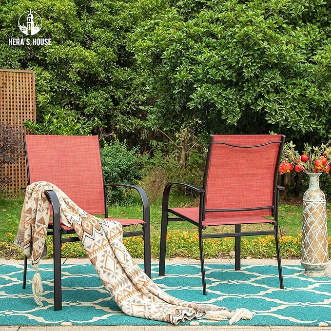 HERA'S HOUSE Patio Dining Chairs Set of 8, 36" Textilene Fabric Outdoor Chair with Wrought Iron Metal Frame Support 350lbs for Lawn Garden Backyard Kitchen, Red