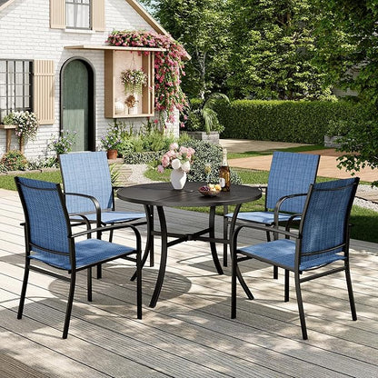 Patio Table and Chairs Set for 4, 5 Pieces Outdoor Dining Set, 4 Blue Textilene Chairs and 42" Metal Round Table with Umbrella Hole, for Deck Garden Backyard Lawn Poolside