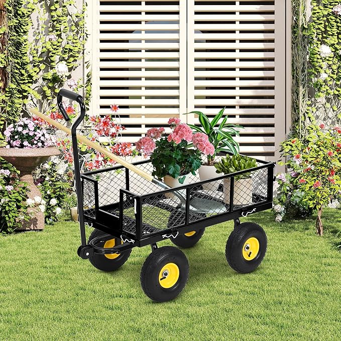Heavy Duty Garden Cart On Wheels - 550LBS Metal Wagon with 10" Pneumatic Wheels, 180° Rotating Handle & Removable Sides - All-Terrain Yard Wagon for Farm, Beach & Outdoor Use