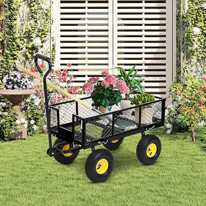 Heavy Duty Garden Cart On Wheels - 550LBS Metal Wagon with 10" Pneumatic Wheels, 180° Rotating Handle & Removable Sides - All-Terrain Yard Wagon for Farm, Beach & Outdoor Use