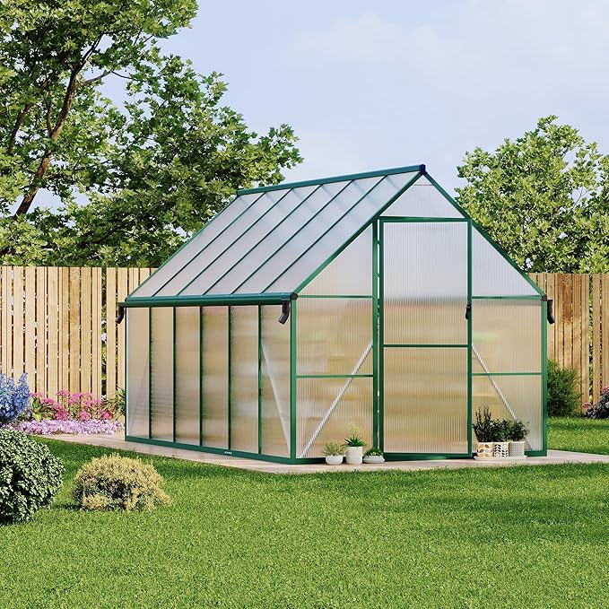 8X12 ft Polycarbonate Greenhouse with Aluminum Frame, Polycarbonate Greenhouse for Outdoors, Greenhouses with Ventilation and Rain Gutter, Aluminum Large Walk-in Greenhouses for Outside
