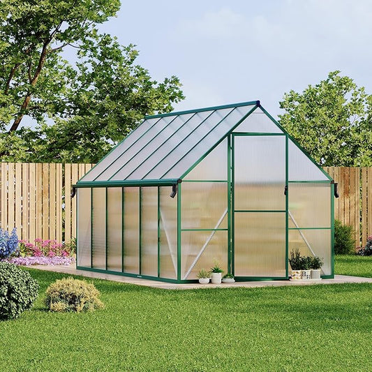 8X12 ft Polycarbonate Greenhouse with Aluminum Frame, Polycarbonate Greenhouse for Outdoors, Greenhouses with Ventilation and Rain Gutter, Aluminum Large Walk-in Greenhouses for Outside
