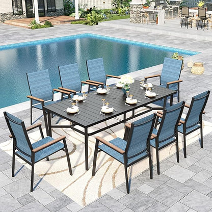 Sophia & William Patio Dining Set 9 Pieces, Patio Table and Chairs Set for 8, 83"x 39" Large Rectangular Metal Dining Table and 8 x Lightweight Aluminum Stackable Chairs (Blue)