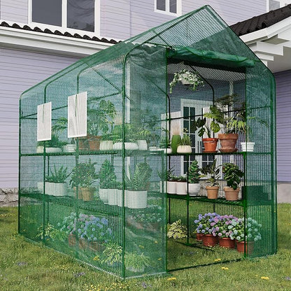 Greenhouse, 57 x 85 x 77'' Greenhouses for Outdoors, with Mesh Side Windows, PE Cover, 8 Shelves, Heavy Duty Walk in Green House for Backyard Garden Indoor, White& Green Outside