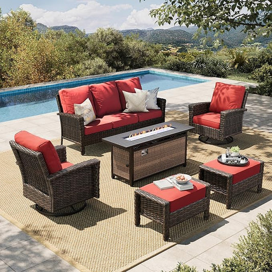 HERA'S HOUSE Red Patio Furniture Set, 6-Piece Outdoor Seating Conversation Sets with High Back Wicker Sofa, Swivel Chairs with 5.5" Thick Cushions, Fire Pit Table & Ottomans for Deck Yard Garden