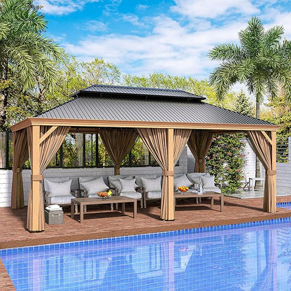 HAPPATIO 12' x 20' Hardtop Gazebo, Outdoor Wood Grain Aluminum with Galvanized Steel, Patio Double Roof Permanent Metal Gazebo Canopy with Netting and Curtains for Backyard, Patio, Deck (Brown)