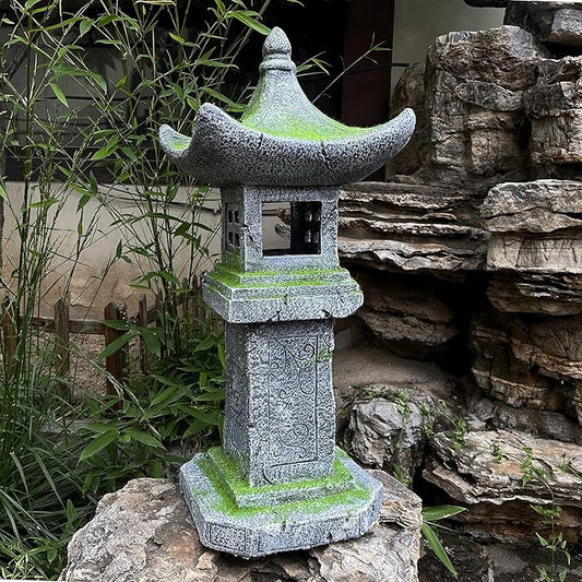 Japanese Pagoda Statue Solar-Powered LED Light Moss-Covered Retro Miniature Tower Lantern Garden Decoration Figurines Solar Lamp Outdoor Asian Decoration Zen Courtyard Landscape 31.5’’High