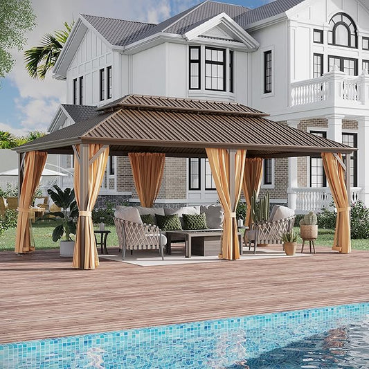 12x20 ft Hardtop Gazebo Outdoor Aluminum Patio Gazebo Double Roof Galvanized Steel Canopy with Netting and Curtains for Garden, Backyard,Deck and Lawns