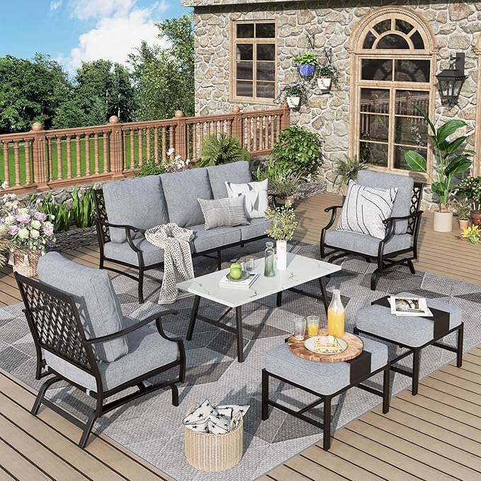 Patio Furniture Set 6 pcs, Outdoor Patio Furniture, 3-Seat Sofa, 2 Rocking Chairs, 2 Ottomans, Coffee Table and 5.75" Extra Thick Cushion, Patio Conversation Set for Backyard Deck,Grey