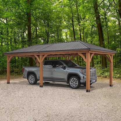 Backyard Discovery Barrington 24' x 12' Cedar Wood Outdoor Gazebo Pavilion with Hardtop Galvanized Steel Hip Roof, Snow Support, Wind Resistance, PowerPort, Shade for Garden, Patio, Deck, Entertaining