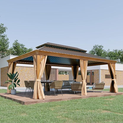 14' X 20' Hardtop Gazebo Outdoor Aluminum Patio Gazebo Double Roof Galvanized Steel Canopy Wooden Finish Coated with Netting and Curtains for Garden, Backyard,Deck and Lawns