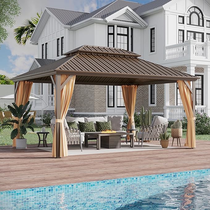 12x16 ft Hardtop Gazebo Outdoor Aluminum Patio Gazebo Double Roof Galvanized Steel Canopy with Netting and Curtains for Garden, Backyard, Deck and Lawns.