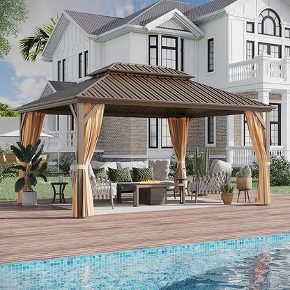 12x16 ft Hardtop Gazebo Outdoor Aluminum Patio Gazebo Double Roof Galvanized Steel Canopy with Netting and Curtains for Garden, Backyard, Deck and Lawns.