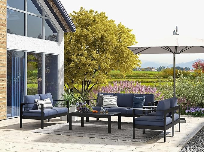 Solaste Aluminum Patio Furniture Set for All Weather, Modern Metal Outdoor Furniture Set with 27.5" Deep Seating and 3.2" Wide Armrest, Outdoor Patio Conversation Set with 5" Cushion, Black and Blue