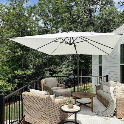 PURPLE LEAF 9.8' X 9.8' Patio Umbrella with Base Outdoor Cantilever Swivel Square Umbrella with Tilt Aluminum Offset Umbrella with 360-degree Rotation for Garden Deck Pool Patio White