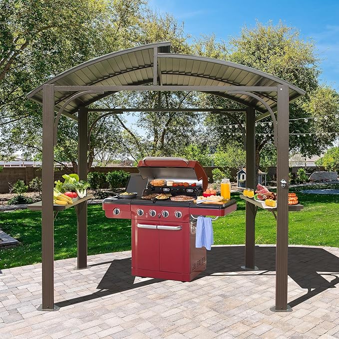 Domi 8x5FT Hardtop Grill Gazebo, Outdoor BBQ Gazebo with 2 Side Shelves and Bottle Opener, Outdoor Grill Canopy with Galvanized Steel Double Roof for Patio Lawn Backyard Deck, Brown