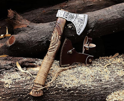 Wazir Crafts Viking Axe |Carbon Steel Engraved Blade with 18″ Wooden Handle & Leather Sheath | Collectible Norse Design Hatchet for Camping & Gifting (WCA-014)