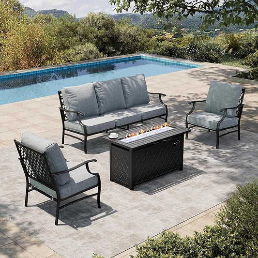 HERA'S HOUSE 4 Pieces Patio Fire Pit Furniture Set, 2 x Single Chair, 3-Seat Sofa with 45" Fire Pit Table, Outdoor Conversation Set for Garden Poolside Backyard, Grey