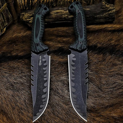 BA-KOR 12.4in Full Tang Fixed Blade Hunting Knife – 6mm 9CR18MoV Steel, G10 Handle, Stonewashed Sawback Blade with Kydex Sheath & Fire Starter for Outdoor, Camping, Survival (Green and black stripes)