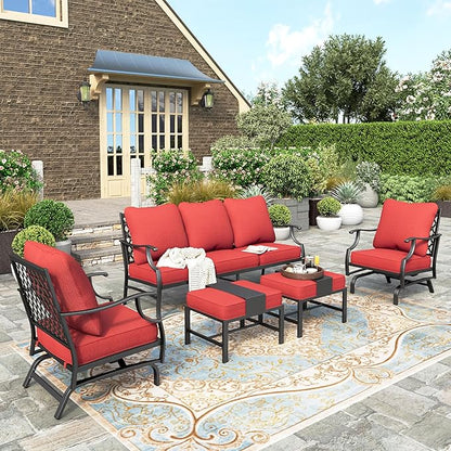 HERA'S HOUSE 5 Pieces Patio Furniture Set, 2 x Rocking Chair, 2 x Ottoman, 1 x 3-Seat Sofa, All Cushioned 7 Seats Metal Outdoor Conversation Set for Lawn Garden Backyard