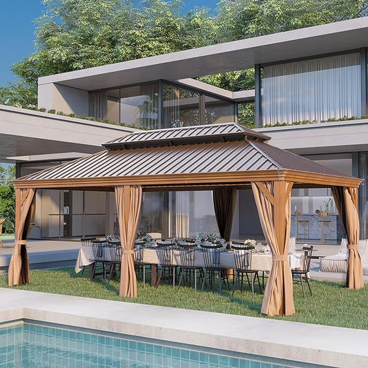 12' X 20' Hardtop Gazebo, Aluminum Wood-Looking Frame Outdoor Permanent Galvanized Steel Double Roof Pavilion Pergola Canopy with Privacy Curtains for Garden, Patio, Backyard, Deck and Lawns.