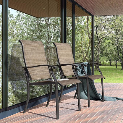 NUU GARDEN 4 Piece Outdoor Patio Dining Chairs, Textilene Dining Chairs with High Back, Patio Furniture Chairs with Armrest, Iron Frame for Lawn Garden Backyard Deck, Black and Brown