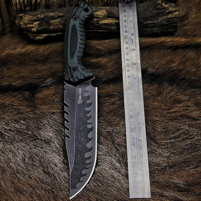 BA-KOR 12.4in Full Tang Fixed Blade Hunting Knife – 6mm 9CR18MoV Steel, G10 Handle, Stonewashed Sawback Blade with Kydex Sheath & Fire Starter for Outdoor, Camping, Survival (Green and black stripes)