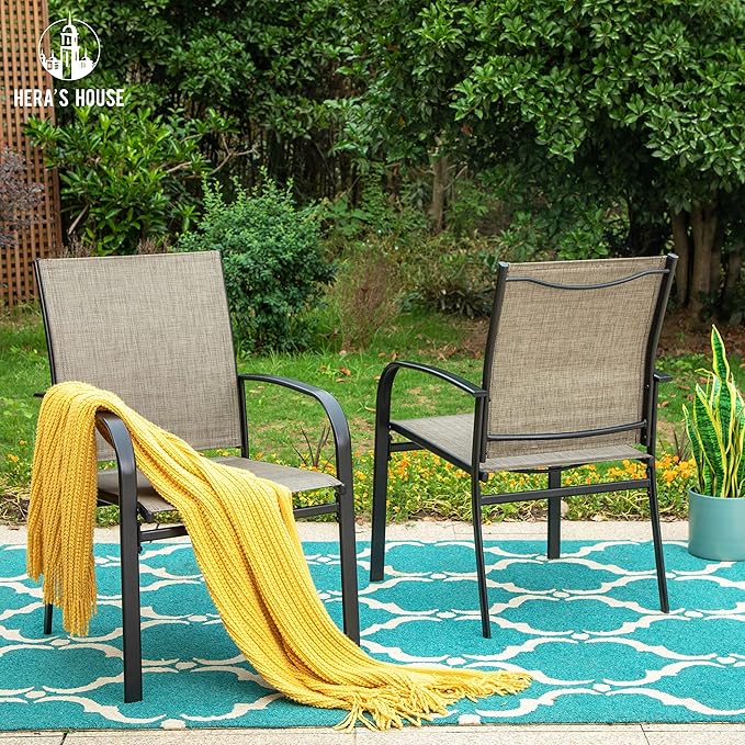 HERA'S HOUSE Patio Dining Chairs Set of 8, 36" Textilene Fabric Outdoor Chair with Wrought Iron Metal Frame Support 350lbs for Lawn Garden Backyard Kitchen, Brown