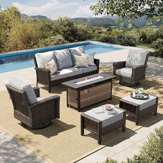 HERA'S HOUSE Grey Patio Furniture Set, High Back Wicker Sofa, Swivel Chairs with 5.5" Thick Cushions, 6-Piece Outdoor Seating Conversation Sets with Fire Pit Table & Ottomans for Deck Yard Garden
