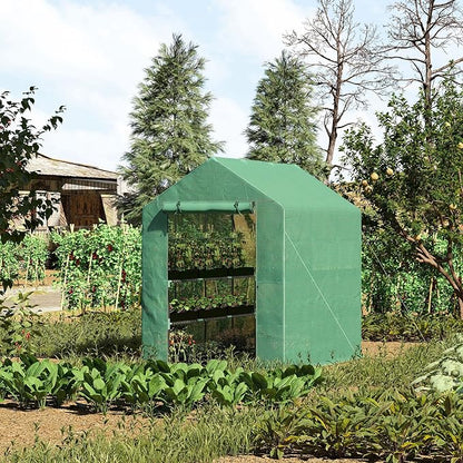 Outsunny 7' x 5' x 6' Walk-in Greenhouse for Outdoors with Mesh Door, 18 Shelf Hot House with Trellis, Plant Labels, UV Protective for Growing Flowers, Herbs, Vegetables, Saplings, Green