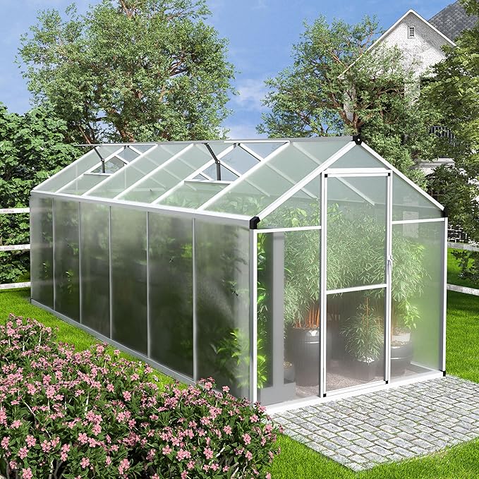 MUPATER 6 x 12FT Polycarbonate Greenhouse, Heavy Duty Greenhouse with Lockable Door & Adjustable Roof Vent, Aluminum Green-House Kit with 4MM Polycarbonate Panel for Backyard, Garden, White