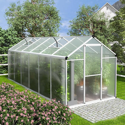 MUPATER 6 x 12FT Polycarbonate Greenhouse, Heavy Duty Greenhouse with Lockable Door & Adjustable Roof Vent, Aluminum Green-House Kit with 4MM Polycarbonate Panel for Backyard, Garden, White