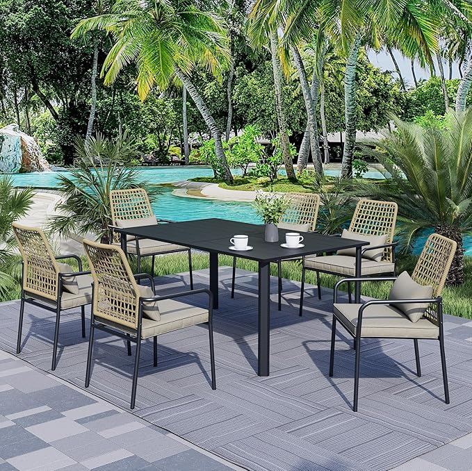 7-Piece Patio Dining Set, 6 Wicker Stacker Rattan Chairs with Gray Cushions ＆ 63'' Rectangular Table All Weahter Frame Furniture Set
