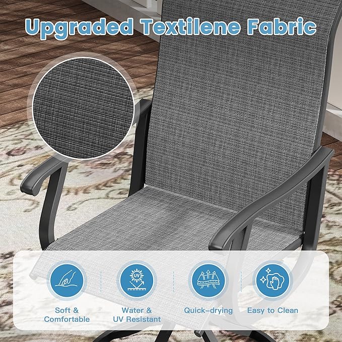 DIFY 7 Pieces Outdoor Patio Dining Set, 6 Dark Grey Textilene Swivel Dining Chairs and 53" Black Round Metal Dining Table, Outdoor Table and Chairs