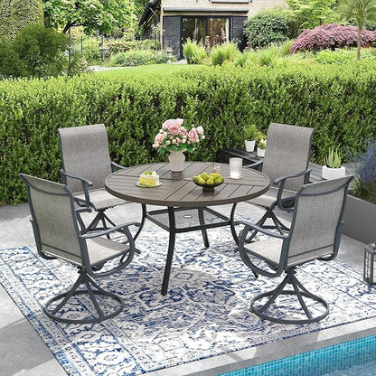 DIFY 5 Pieces Outdoor Patio Dining Set, 4 Grey Textilene Swivel Dining Chairs and 40.6" Grey Wood-Like Round Metal Dining Table, Outdoor Table and Chairs